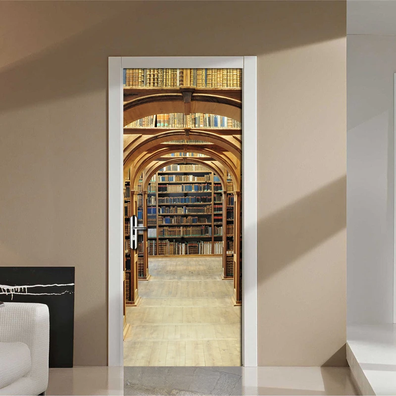 Retro Bookcase Mural Wallpaper PVC Waterproof Door Stickers Bedroom Living Room Door Poster Photo Wall Paper Papel De Parede 3D
