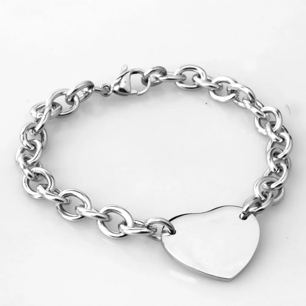 New Trendy 316L Stainless Steel Silver Color Charms Heart Accessory Rolo Oval Chain Women Girl Bracelet Bangle 8\