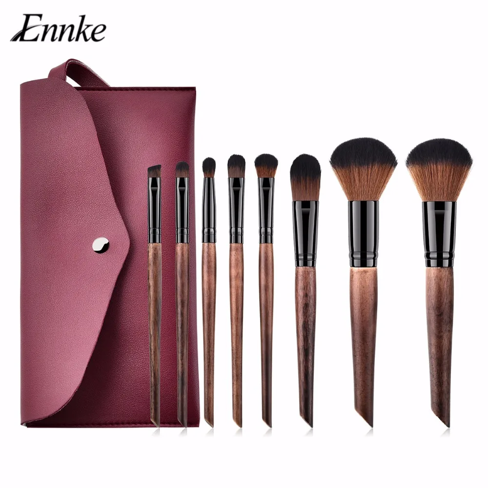 ENNKE 2019 New Arrival 8 Pcs Coffee Makeup Brushes With Dark Red Case Soft Synthetic Hair Wood Handle Facial Eyeshadow Blush Lip