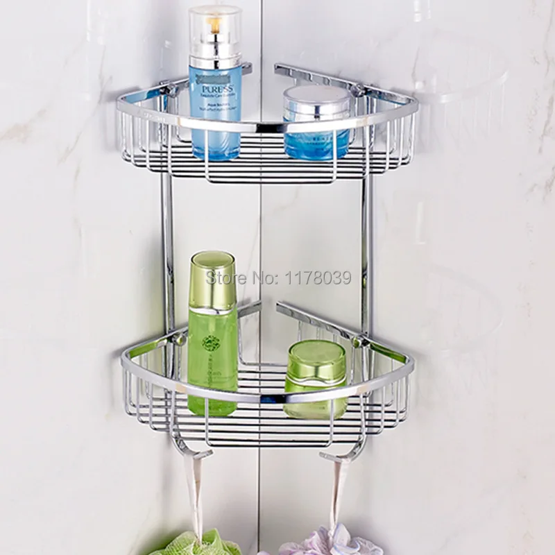 wall mounted dual tier shelves,corner shelving for bathrooms,Stainless steel bathroom shelf basket,J16490