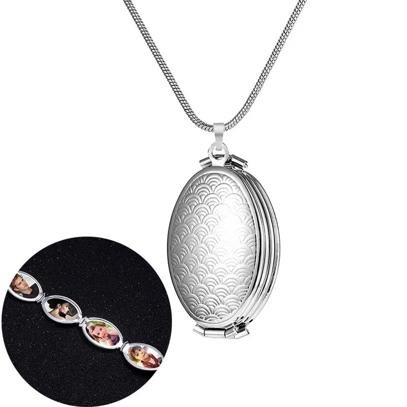 Collar con medallón con foto de escamas de pescado, forma ovalada expandible, 4 fotos utilizables, collar con colgante para hombres y mujeres, regalos conmemorativos