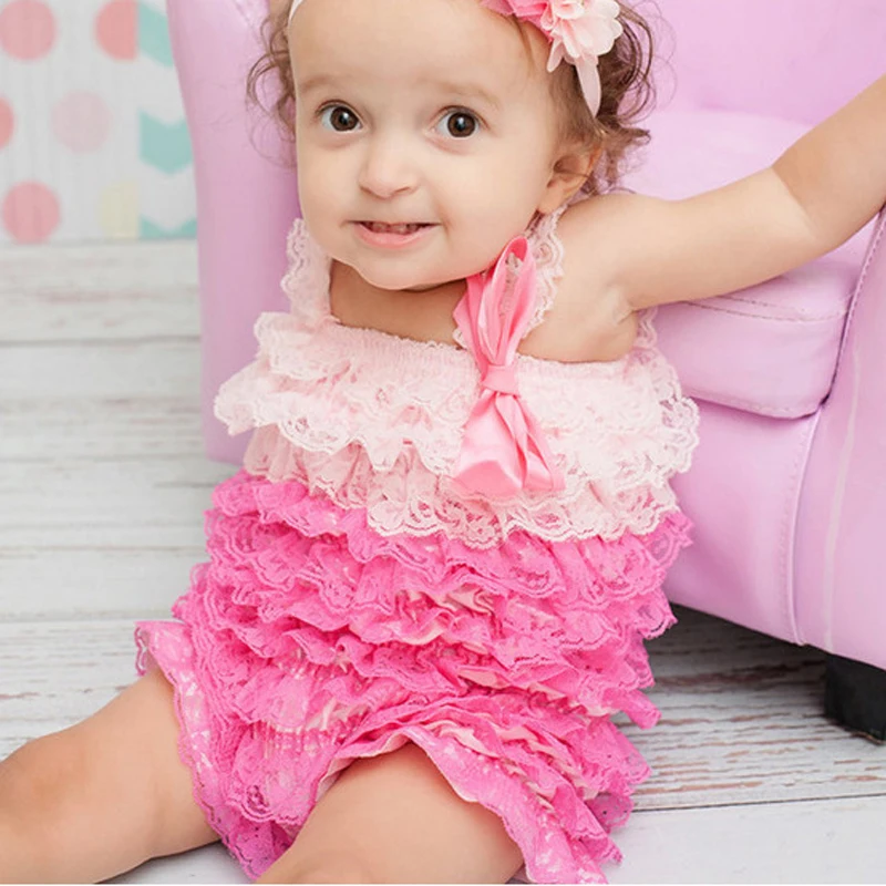 2020 Baby Lace Rompers Infant Lace Romper with Straps Ribbon Bow Kids Jumpsuit Baby Girls Lace Ruffled Petti Romper DS9