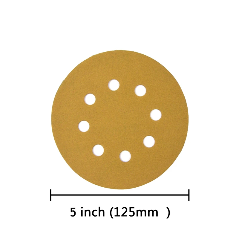 POLIWELL 10PCS 5 Inch 8 Hole Sandpaper 125mm 60~1000 Grit Yellow Sanding Paper Sanding Discs for Hook and Loop Festool Sander