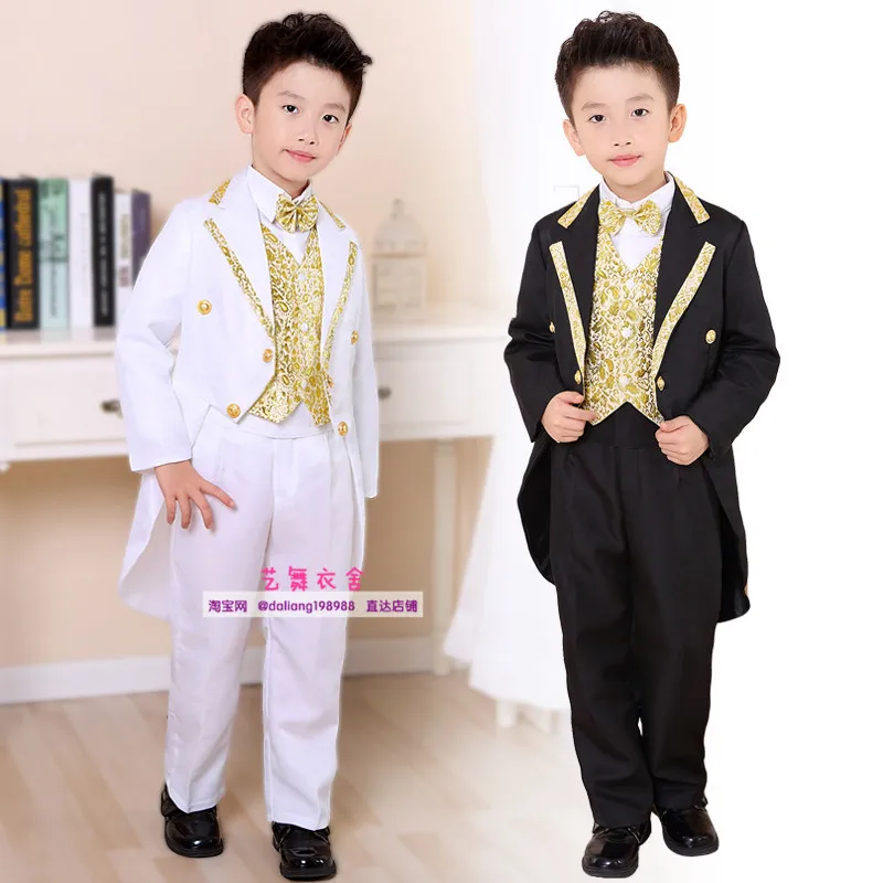 Vestido Formal de esmoquin para niño, traje de actuación de Piano, trajes de boda de cumpleaños de flores para niño, chaqueta de 5 piezas + chaleco + camisa + pantalón + corbata