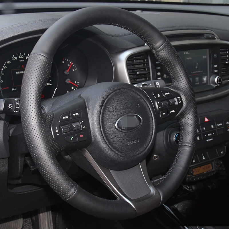 Shining wheat Hand-stitched Black Leather Car Steering Wheel Cover for Kia Sorento 2015
