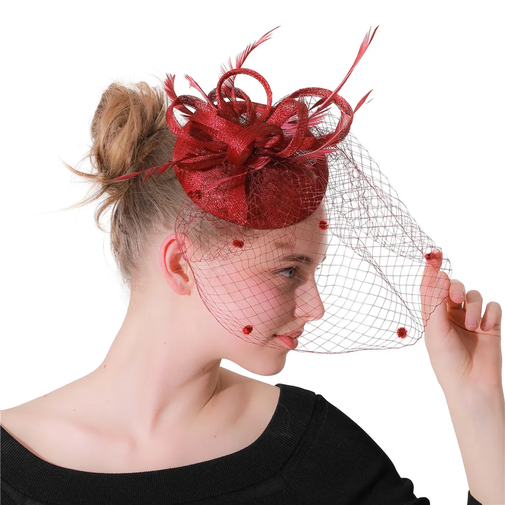 Elegant Women Veil Hat Wine Fascinator Sinamay Fedoras Gorgeous Ladies Mesh Loops Pillbox Cap Wedding Headpieces Headbands