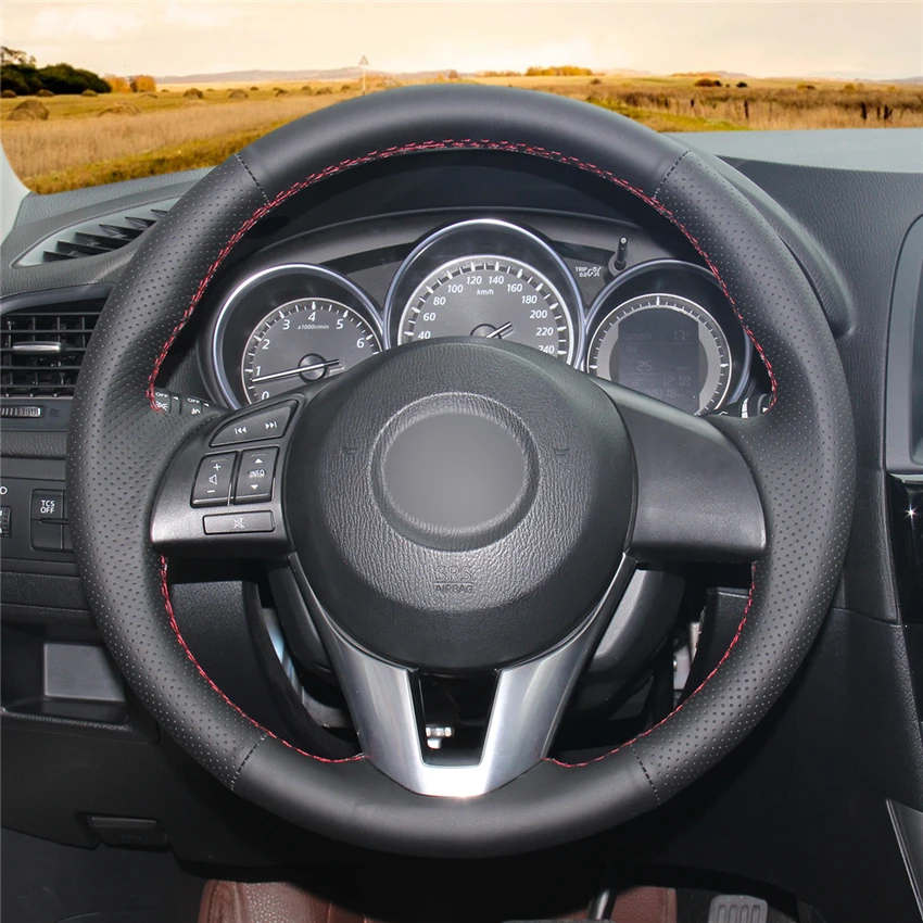 MEWANT Black Genuine Leather Car Steering Wheel Cover for Mazda 3 Axela Mazda 6 Atenza 2 CX-3 CX-5 Scion iA Toyota Yaris