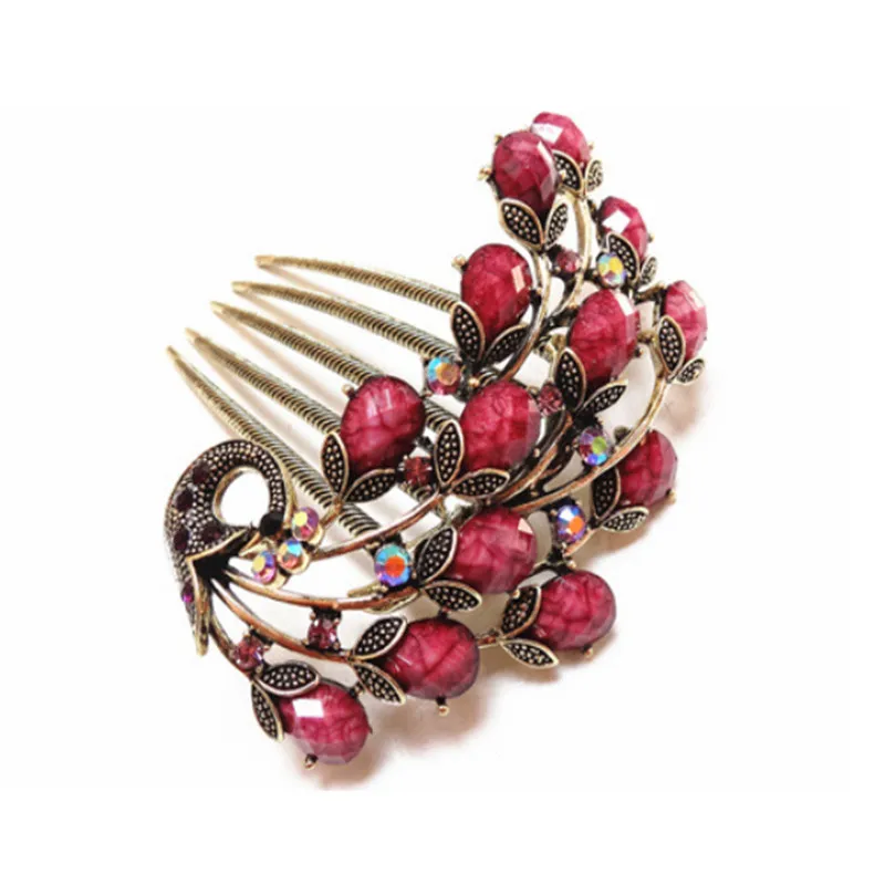 Top Quality 5 Color Resin Crystal Beautiful Peacock Hair Combs Wedding Hair Jewelry Retro Gold Color Hairpin For Women Girl Gift