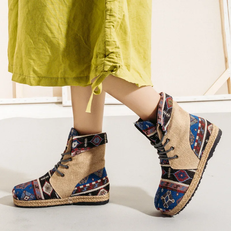 Veowalk Harajuku Embroidery Women Linen Cotton Short Ankle Boots Lace Up Comfort Ladies Flat Espadrilles Booties Vegan Shoes