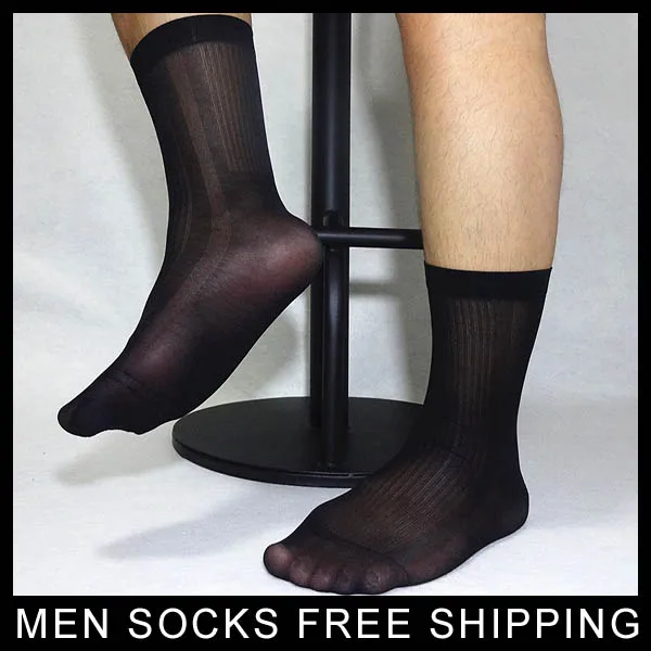 Mens Nylon Silk Socks Sheer Thin Formal Dress Socks Sexy Transparent Striped Socks High Quality Elastic Socks Black White Navy