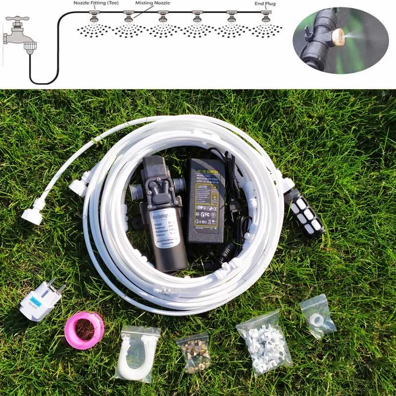 15M White Brass Nozzles Mist Spray Kit - Electric Diaphragm Pump Misting System for Automatic Garden Watering