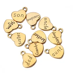 20pcs Mixed Antique Gold Color Heart Charms Family Grandpa Grandma Daughter Son Mom,Dad Brother Sister Letter Charms