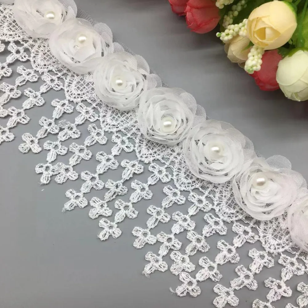 

5 Yards White Rose Flower Pearl 3D Lace Fabric Trim Ribbon Applique Embroidered DIY Sewing Supplies Craft For Apparel Decoration