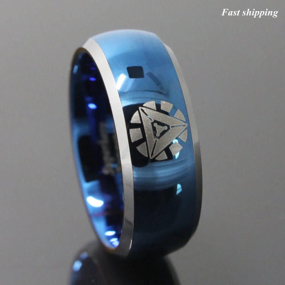 8Mm men jewelry blue Laser superhero sign Polish tungsten Carbide ring Free Shipping