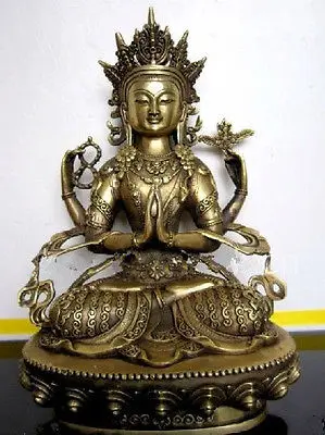 28 cm */ Elaborate Chinese Tibetan Buddhism Brass Bodhisattva Four arm Kwan Yin Buddha Statue