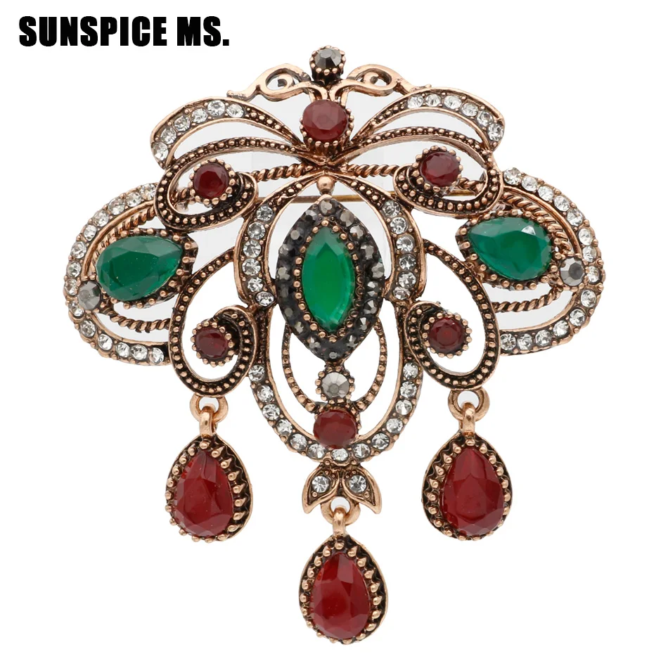 Vintage Turkish Women Hollow Flower Resin Brooch Pins Antique Gold Color Water Drop Pendant Brooches Indian Ethnic Party Jewelry