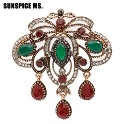 Vintage Turkish Women Hollow Flower Resin Brooch Pins Antique Gold Color Water Drop Pendant Brooches Indian Ethnic Party Jewelry