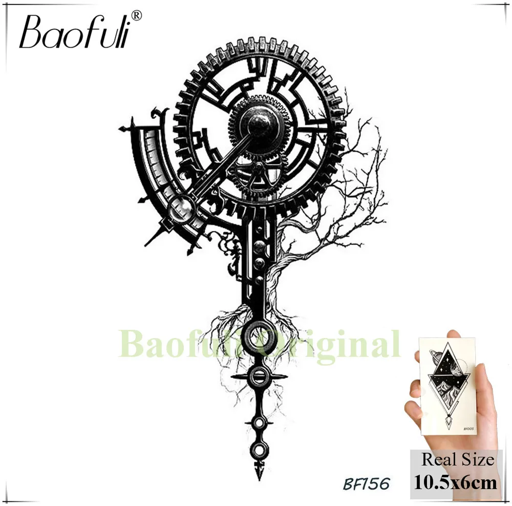 BAOFULI Men Black Totem Body Art Temporary Tattoo Mechanical Round Tatoos Transferable Root Clock Pointer Pendant Tattoo Sticker