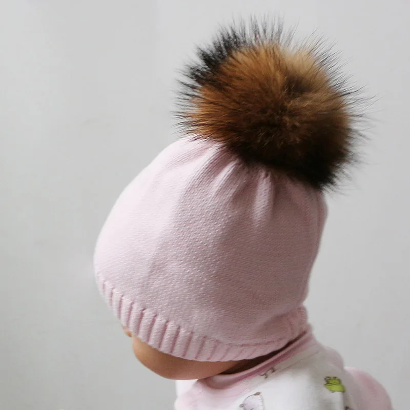 GZHILOVINGL 2017 Winter Crochet Knitted Kids Cotton Beanies Hats Cap Toddler Boys Girls Children Kids Brand Real Fur Pom Pom Hat