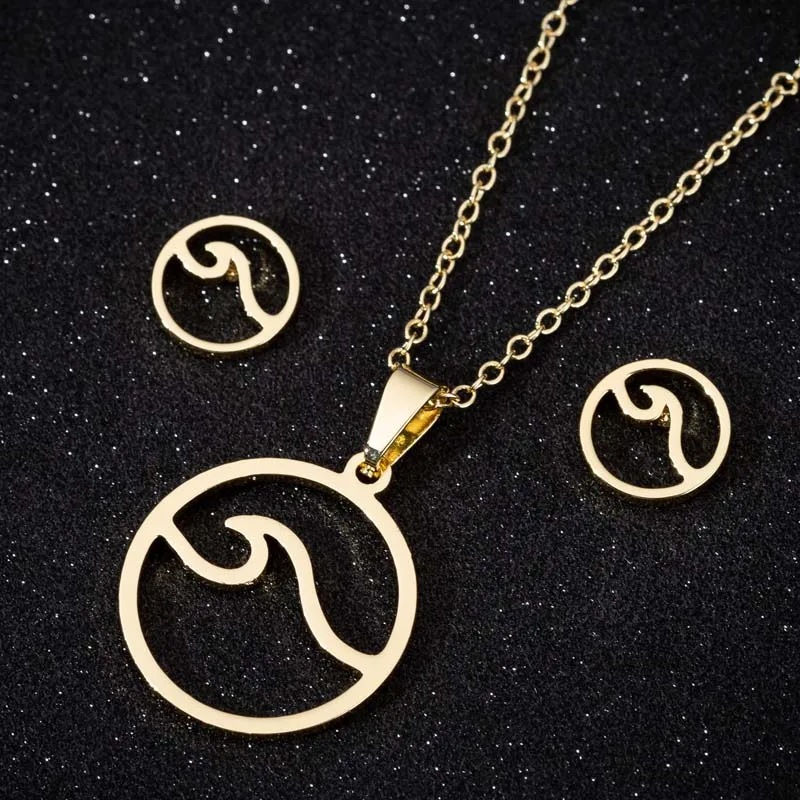 Chic Ocean Wave Pendant Vintage Jewelry Set Accessories for Women Charm Beach Inspired Necklace Stud Earrings