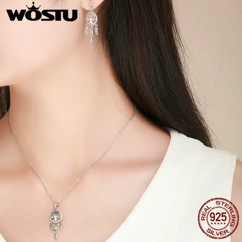 WOSTU Vintage 925 Sterling Silver Life Tree & Dreamcatcher Pendant Necklace For Women Good Lucky Fashion Jewelry Gift CQN298