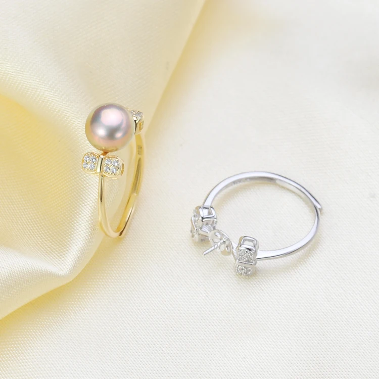 

S925 Sterling Silver Bowknot Pearl Rings Settings Pearl Rings Components Adjustable Find Jewelry Accessory 3Pcs/Lot