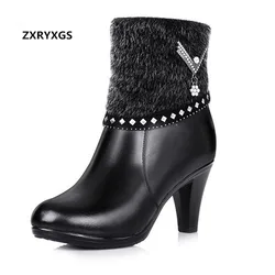 Noble Elegant Fashion Shoes Wool Warm Winter Boots Women Boots 2024 New Winter Genuine Leather Shoes Woman High Heels Snow Boots