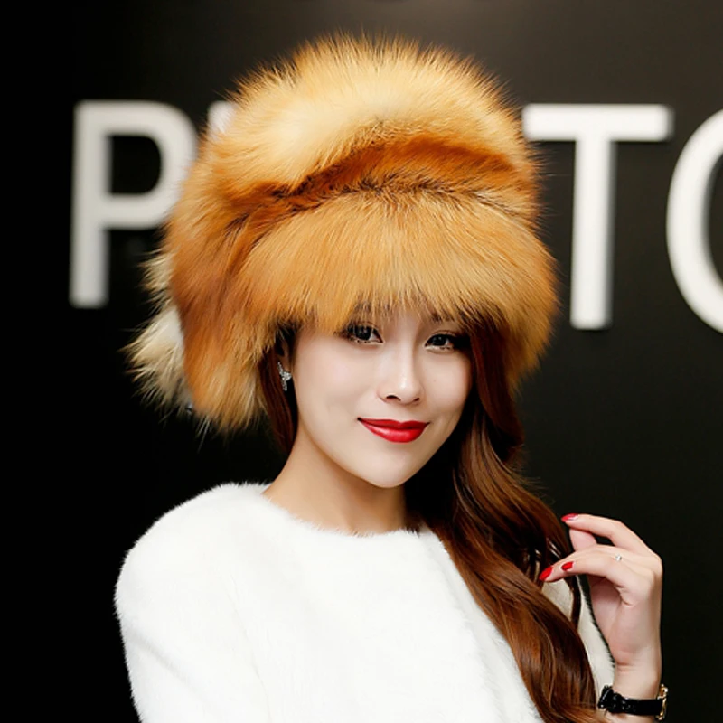 

Ladies Autumn and Winter Real Natural Fox Fur Hat Fashion Ear Protection Fur With Fox Fur Tail Cap Russia Winter Real Fur Hat