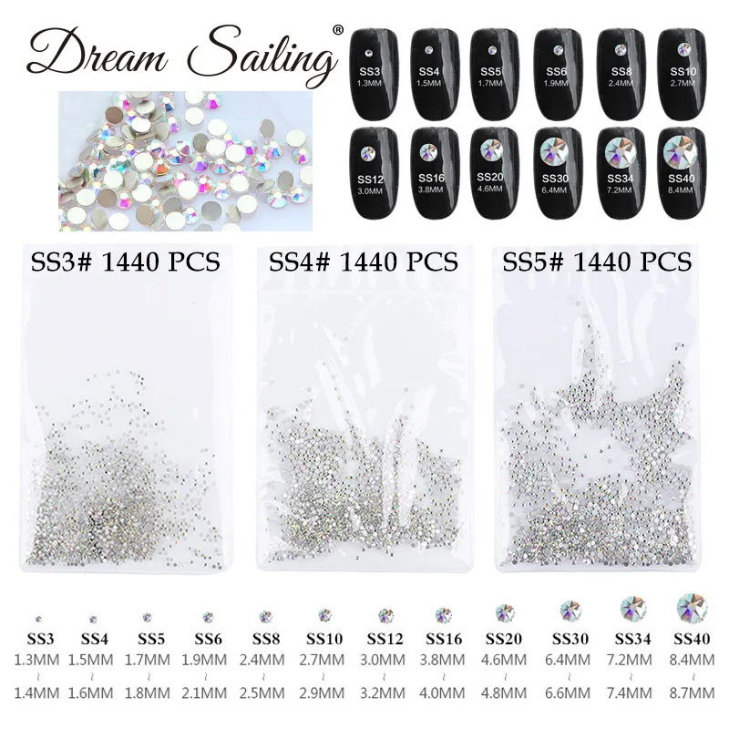 1440 Pieces Flat Bottom 3D AB White Non HotFix Nail Diamonds DIY Rhinestones Crystal Nail Art Decorations Accessories 13 Kinds