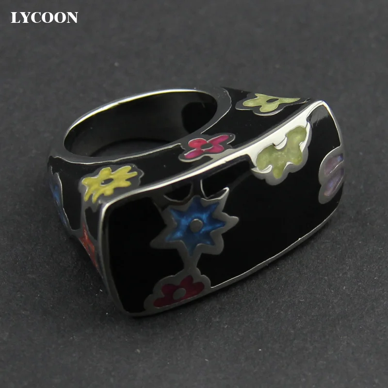 LYCOON Fashion woman colorful flowers resin rings 316L stainless steel polish Imported black Enamel ring in square shape SUK0009