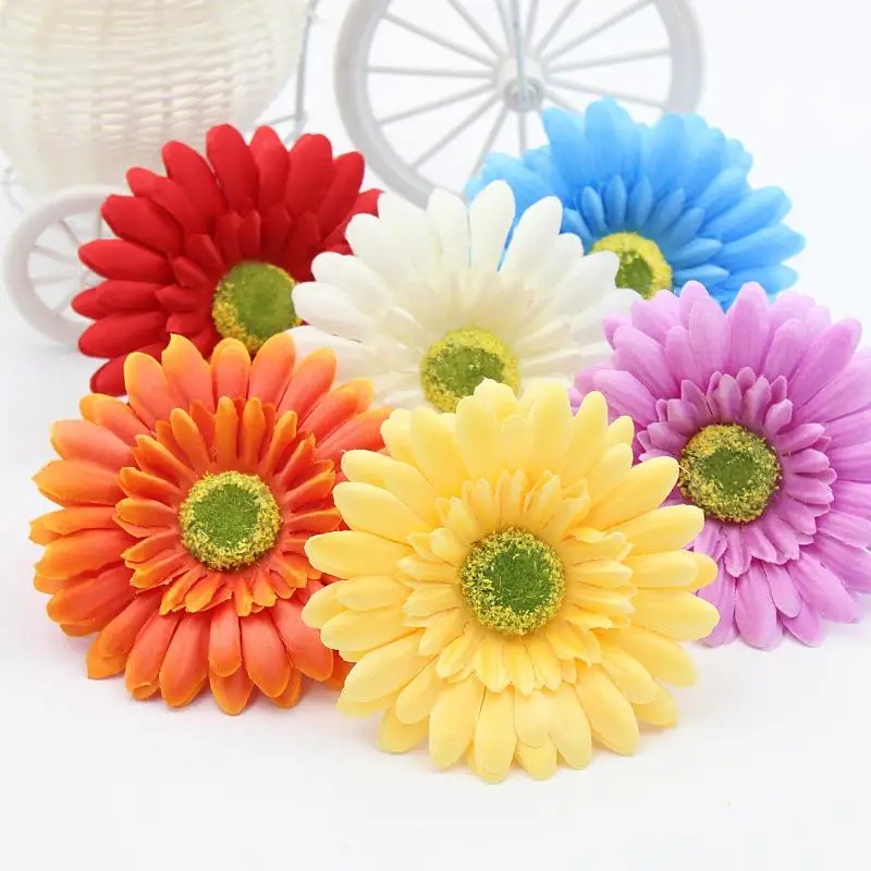 5 unids/lote 10CM Gerbera flor de seda girasol tulipán corona flor Pectoral estambre falso una gorra Diy regalo corona flor Artificial