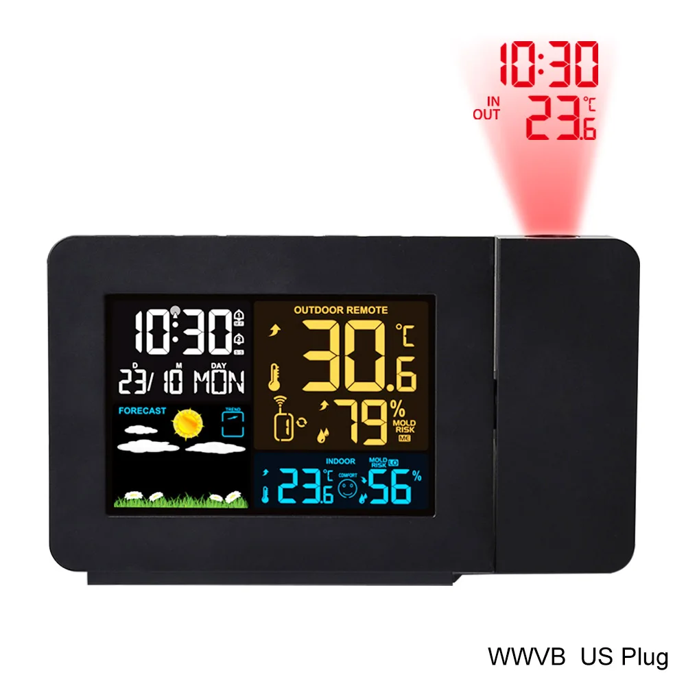 FJ3391 WWVB Radio Digital Clock Alarm US Pulg Barometer Forecast  Wireless Projection Multifunctional LED Table Watch Clocks