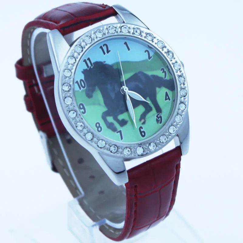 50pcs/Lot Leather Strap Black Horse Lady Girl Quartz Animal Wristwatch Gift  Cartoon Watches Wholesales