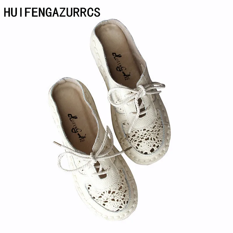 HUIFENGAZURRCS-Genuine leather shoes,Literary and art cotton the lace slippers, casual soft bottom Baotou flat bottom slippers