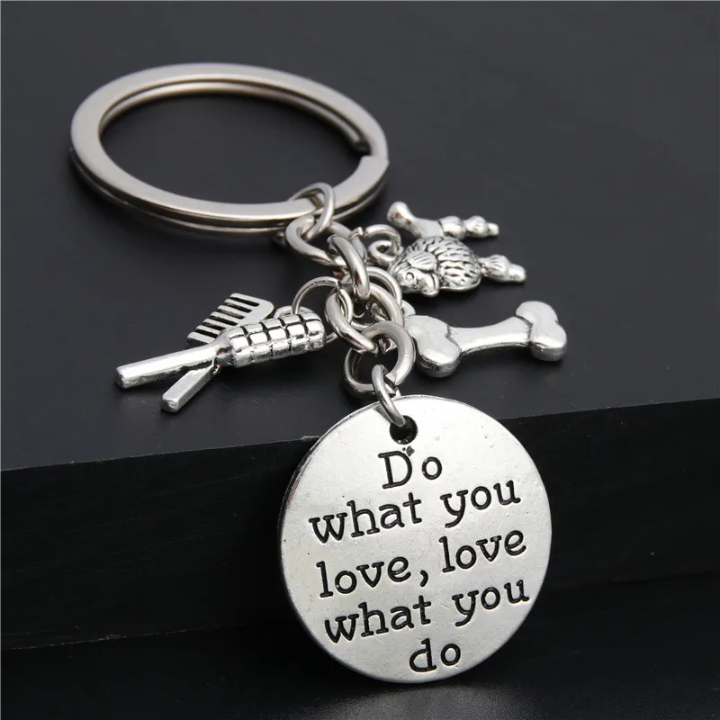 1pc Silver Color Poodle Charms Key Chains For Dog Lover Paw Print Pet Groomer Keyring Do What You Love Jewelry E2041