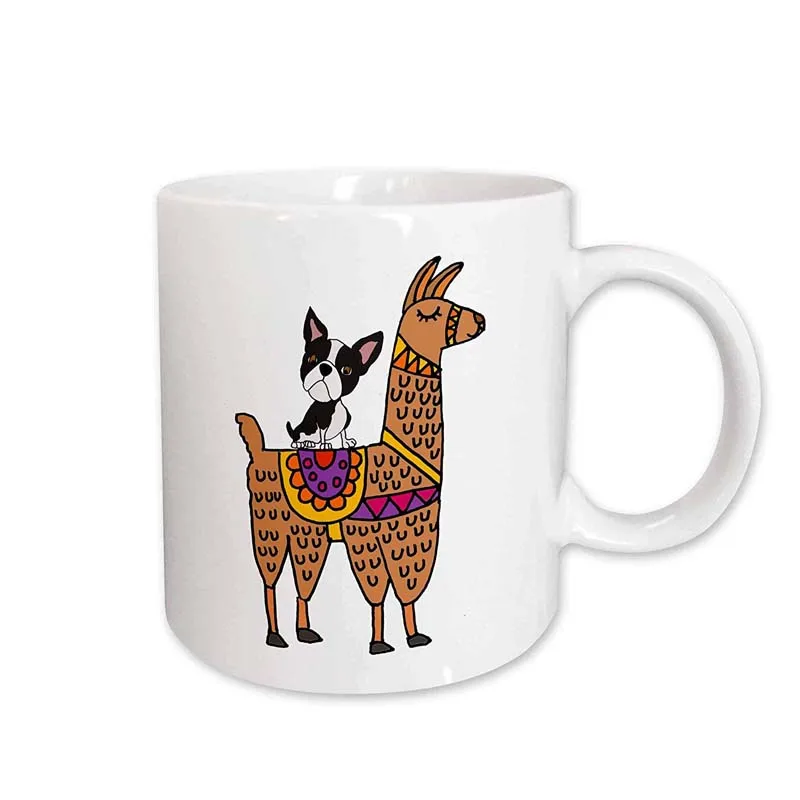 Funny Cool Boston Terrier Dog Riding Llama Cartoon Mug 11 oz