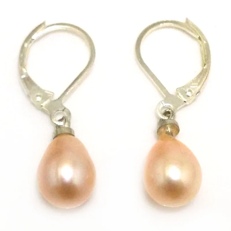 Wholesale 7-8mm Natural Pink Rainrdrop Pearl Silver Leverback Earring