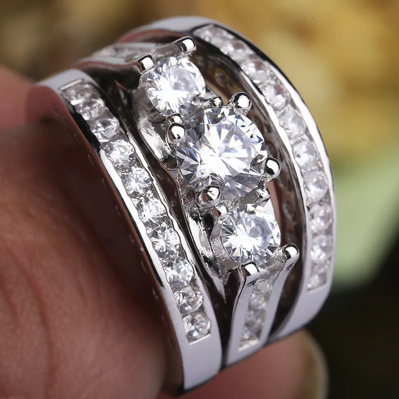 Anti Allergy 3 Rounds Princess Cut Silver Color Jewelry White Clear 5A CZ stones Wedding Bridal Women Plata Rings set Gift