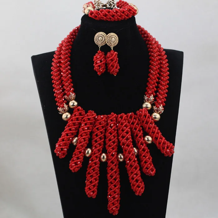 

New African Wedding Beads Amazing Red Statement Bib Necklace Set Lady Bridal Jewelry Set Birthday Gift Free ShippingABH129