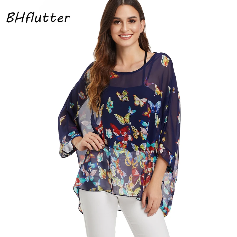 BHflutter Summer Tops for Women 2019 Fashion Batwing Casual Loose Chiffon Blouses Shirt Floral Print Boho Beach Blouse Blusas