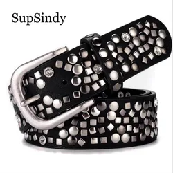 SupSindy Women Leather Belt Geometric Rivets Pin Buckle PU Belts For Women Jeans Luxury Designer Brand Waistband Female Black
