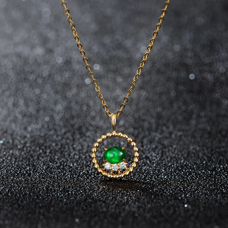 Caimao Natural Cabochon Cut Emerald Brilliant Cut Diamonds 14kt Yellow Gold Pendant Exquisite Jewelry Including Chain