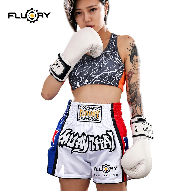 Fluory Boxing short muay thai fightwear blue and red  star custom muay thai shorts