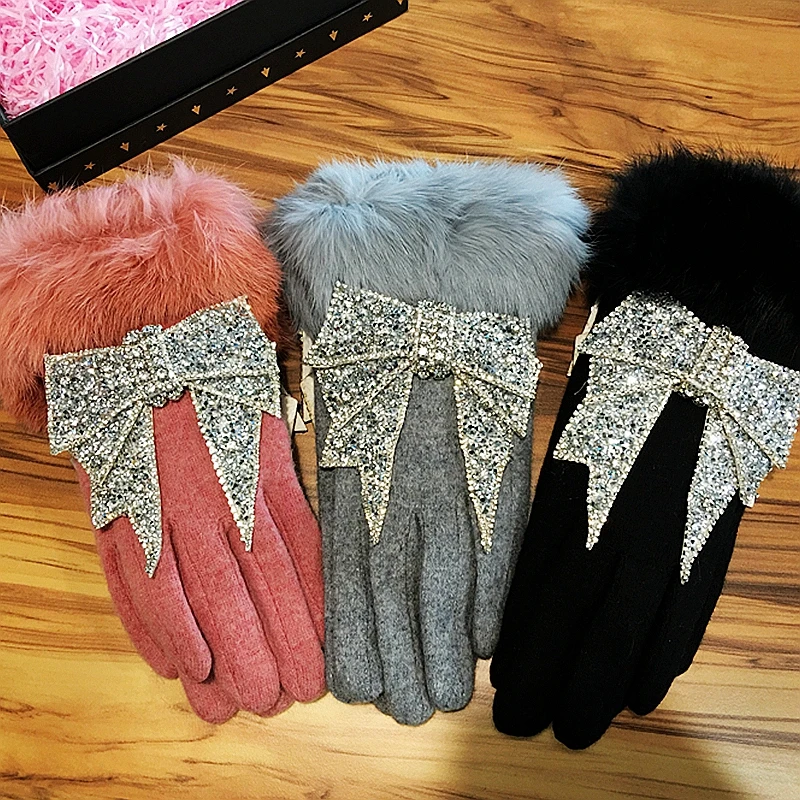 2024 Women Winter gloves Touch Screen luxury rhinestone Bowknot Fur Gloves Female Mittens Cashmere Double Warm Gloves Luva femme