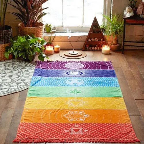 1Pcs Quasten Einzigen Regenbogen Chakra Tapisserie Handtuch Mandala Boho Streifen Travel Yoga Matte Tapisserie