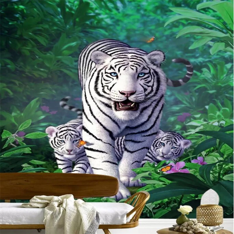 

Beibehang Custom wallpaper hand-painted jungle white tiger an animal children room oil painting porch background 3d wallpaper