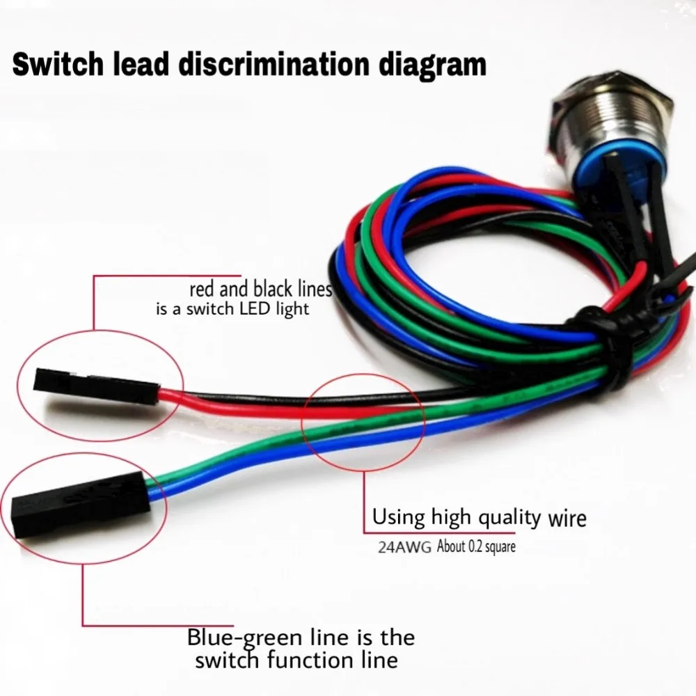 1ชุดสวิทช์ปุ่มกดโลหะคอมพิวเตอร์เปิด-ปิดกันน้ำพร้อมไฟ LED 5V 12/16มม. พร้อมสายรัดขนาด60ซม. รีเซ็ตพอร์ตไฟด้วยตนเอง