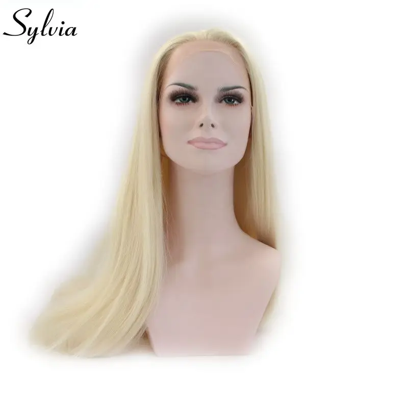 Emily-Peluca de cabello sintético para mujer, pelo largo y liso con malla frontal, fibra resistente al calor, color rubio claro, 613