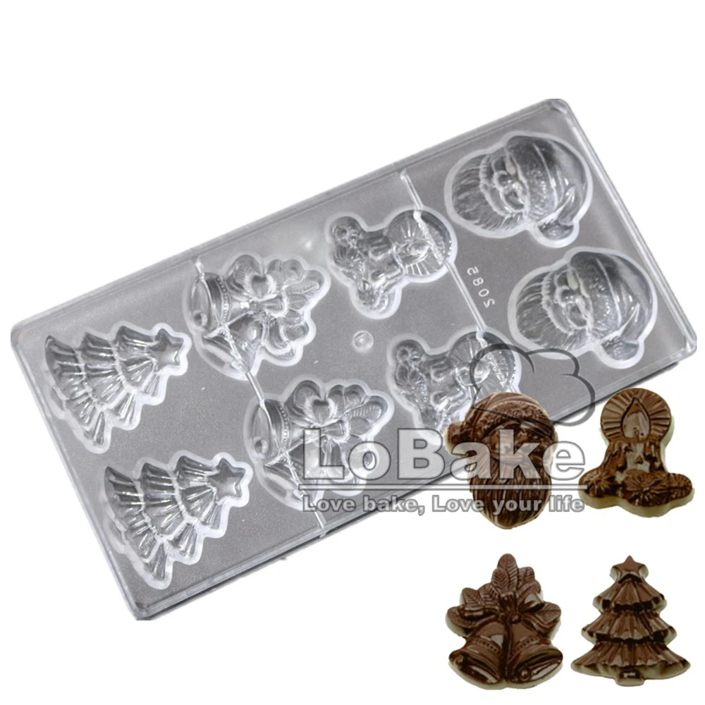 8 cavities lovely santa claus Christmas charactor evergreen tree jingle bell Shape Polycarbonate chocolate mold for kitchen bake