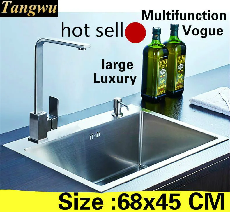 

Free shipping Apartment multifunction kitchen manual sink single trough do the dishes 304 stainless steel hot sell big 68x45 CM
